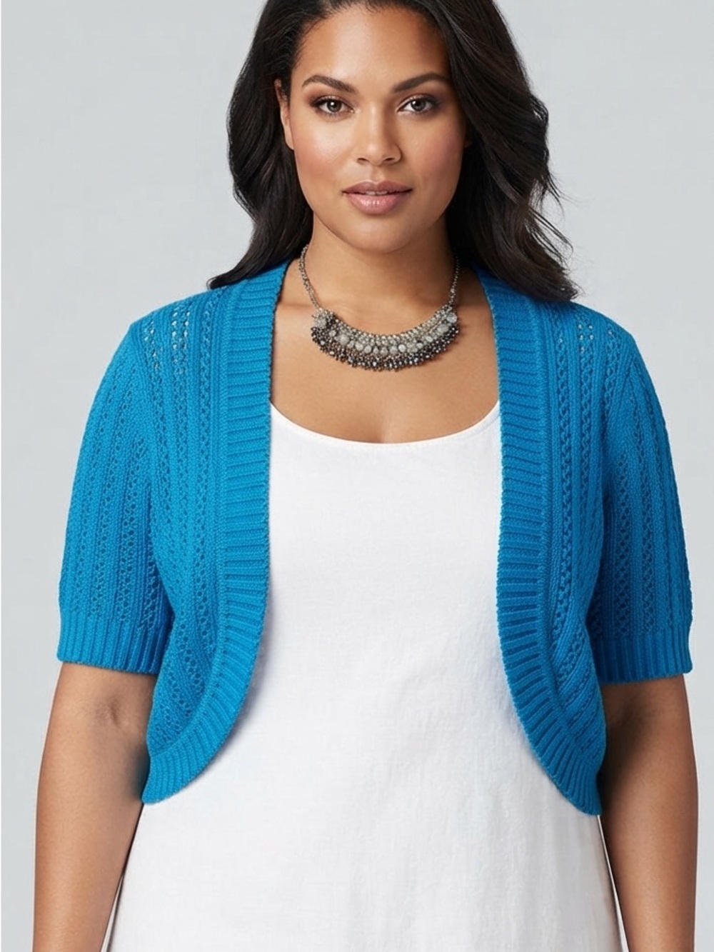 😍CLEARANCE - GEORGE  Bright Blue Short-Sleeve Openwork Knit Sweater